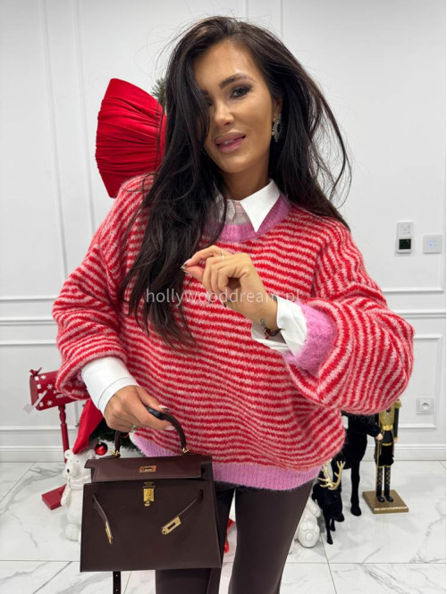 Sweter w czerwono-różowe paski z różową lamówką Olga 52 - photo #5