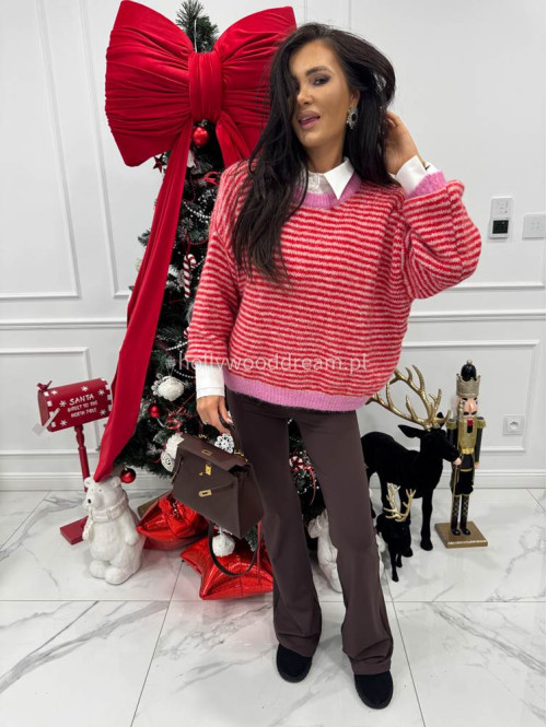 Sweter w czerwono-różowe paski z różową lamówką Olga 52 - photo #6