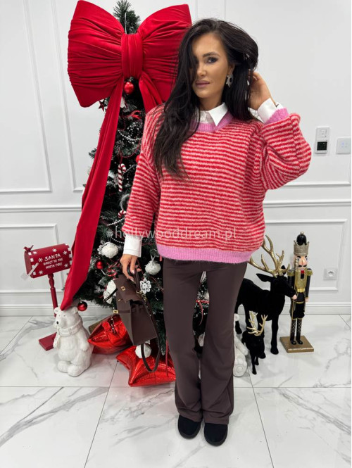 Sweter w czerwono-różowe paski z różową lamówką Olga 52 - photo #7