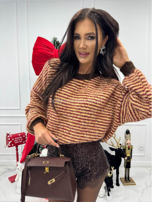 Sweter w bordowo-żółte paski z brązową lamówką Olga 52 - photo #4