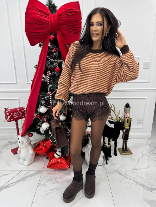 Sweter w bordowo-żółte paski z brązową lamówką Olga 52 - photo #6
