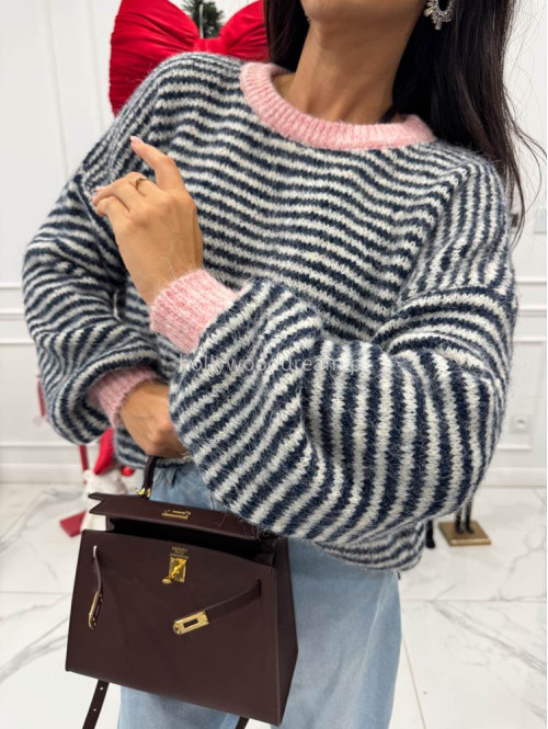 Sweter w granatowo-kremowe paski z różową lamówką Olga 52 - photo #1