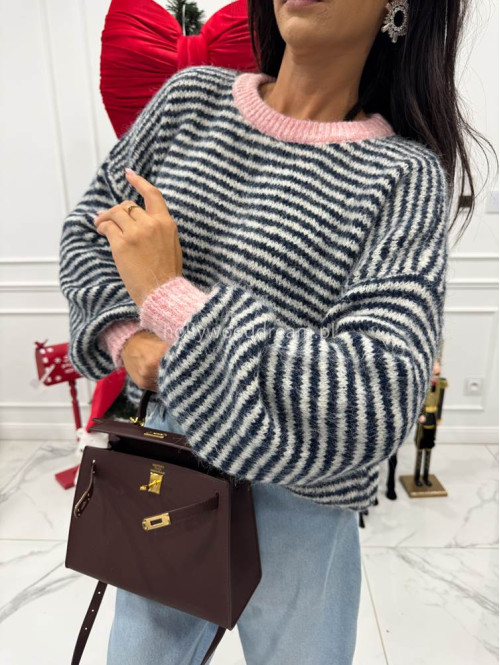 Sweter w granatowo-kremowe paski z różową lamówką Olga 52 - photo #2