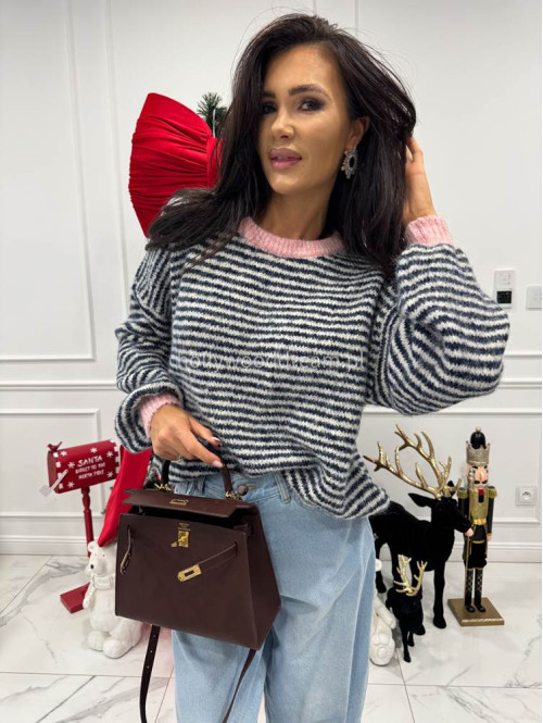 Sweter w granatowo-kremowe paski z różową lamówką Olga 52 - photo #3