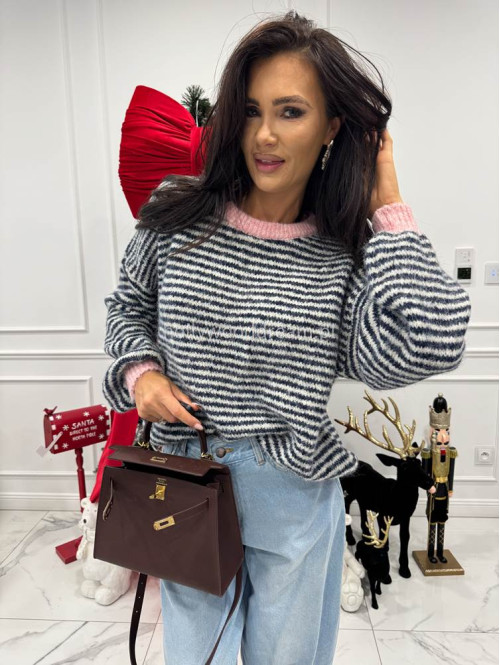 Sweter w granatowo-kremowe paski z różową lamówką Olga 52 - photo #4