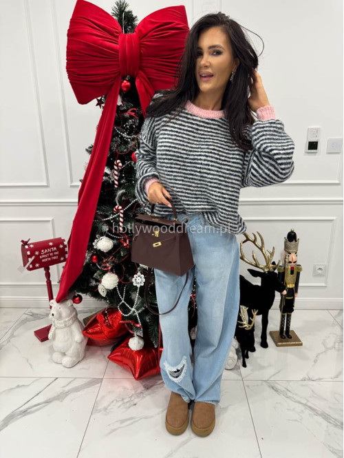 Sweter w granatowo-kremowe paski z różową lamówką Olga 52 - photo #5