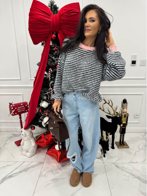 Sweter w granatowo-kremowe paski z różową lamówką Olga 52 - photo #6