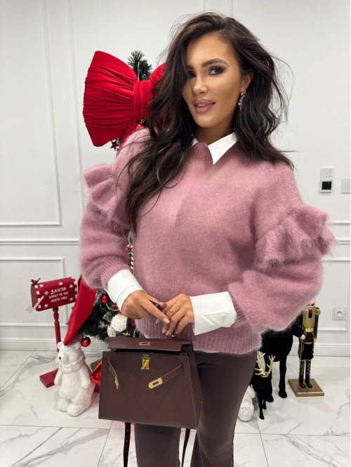 Brudny róż sweter moherowy z falbaną SUZIE 17