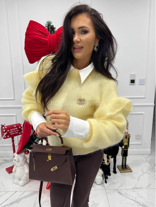 Pastelowo żółty sweter moherowy z falbaną SUZIE 17 - photo #4