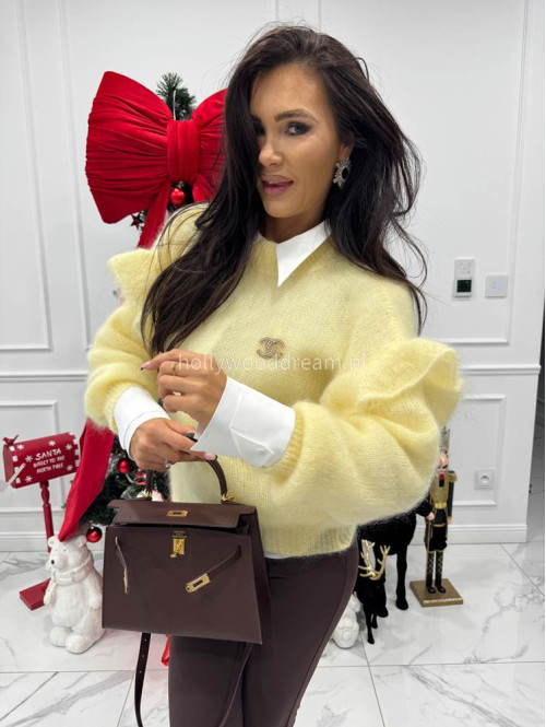 Pastelowo żółty sweter moherowy z falbaną SUZIE 17 - photo #5