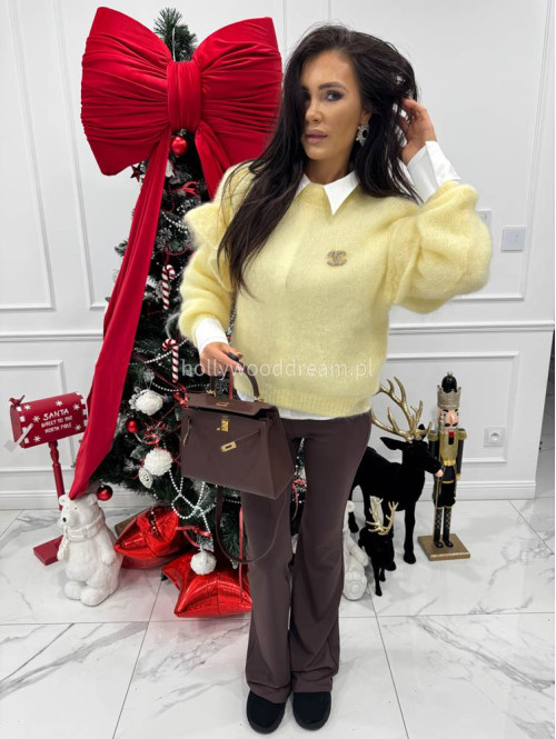 Pastelowo żółty sweter moherowy z falbaną SUZIE 17 - photo #6