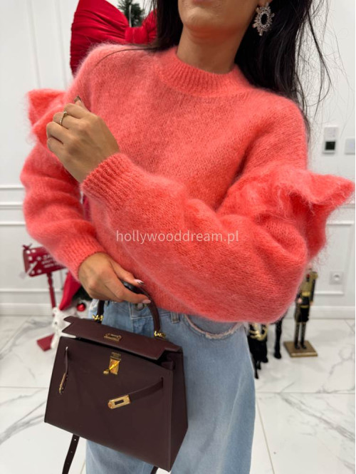 Koralowy sweter moherowy z falbaną SUZIE 17 - photo #1