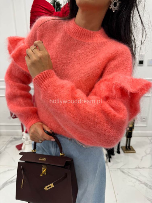 Koralowy sweter moherowy z falbaną SUZIE 17 - photo #2
