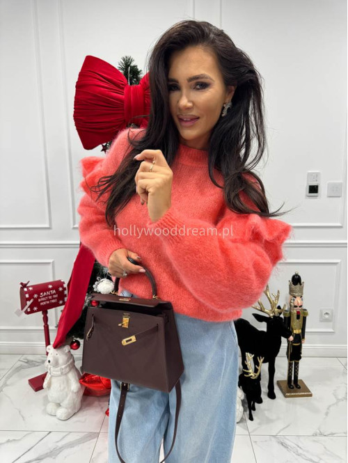 Koralowy sweter moherowy z falbaną SUZIE 17 - photo #4