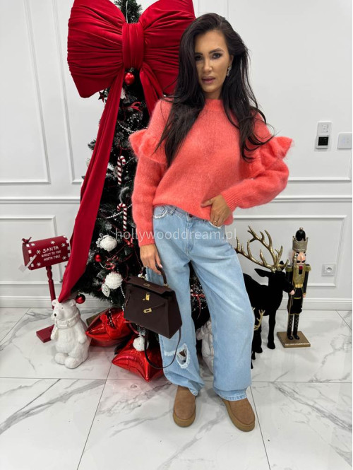 Koralowy sweter moherowy z falbaną SUZIE 17 - photo #7