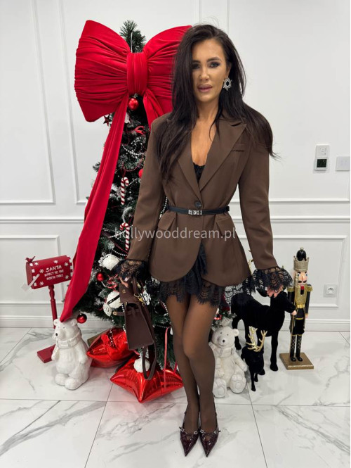 Brązowa sukienka marynarka z koronkowymi wstawkami NINA 17 - photo #1