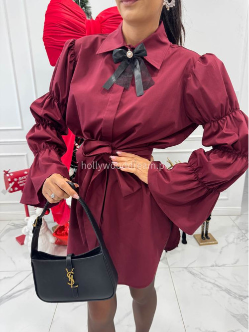 Bordowa elegancka długa koszula z broszką Irmina 173 - photo #2