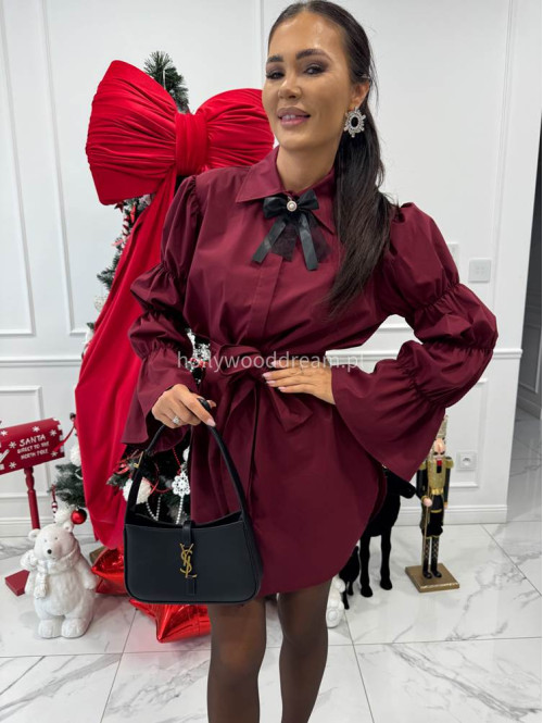 Bordowa elegancka długa koszula z broszką Irmina 173 - photo #4