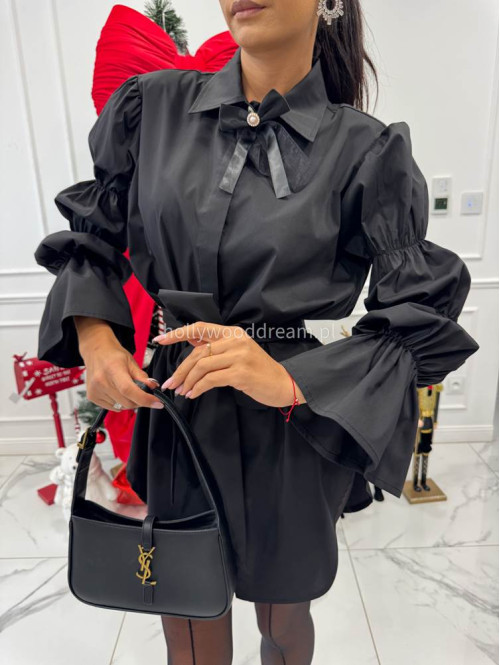 Czarna elegancka długa koszula z broszką Irmina 173 - photo #1