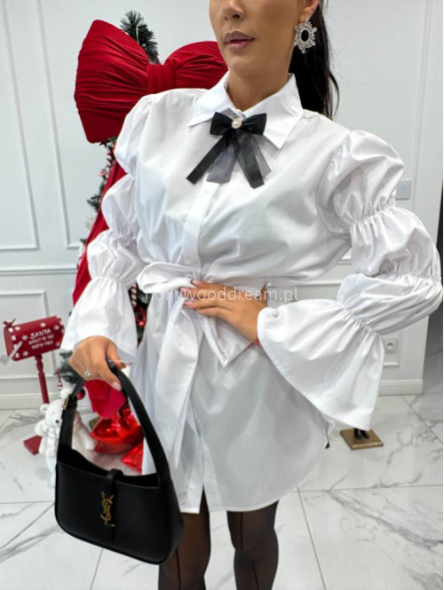 Biała elegancka długa koszula z broszką Irmina 173 - photo #2