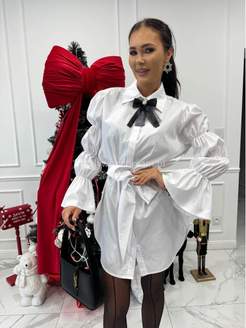 Biała elegancka długa koszula z broszką Irmina 173 - photo #3