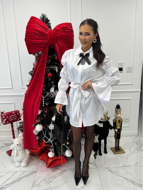 Biała elegancka długa koszula z broszką Irmina 173 - photo #5