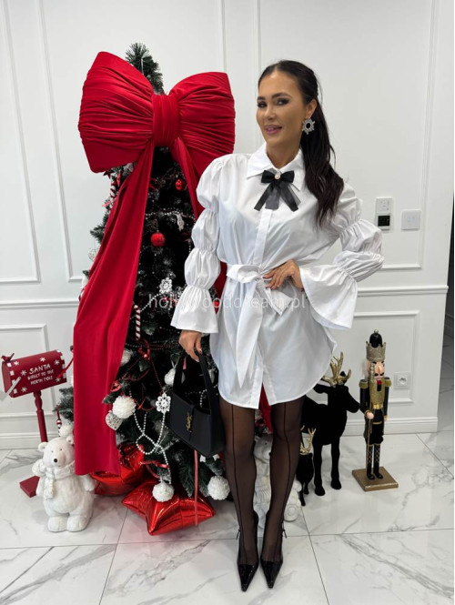 Biała elegancka długa koszula z broszką Irmina 173 - photo #6