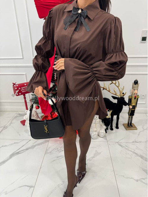 Brązowa elegancka długa koszula z broszką Irmina 173 - photo #2