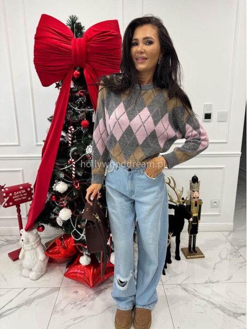 Szaro-różowo-beżowy sweter w małe romby Tay 06 - photo #1