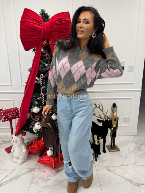 Szaro-różowo-beżowy sweter w małe romby Tay 06 - photo #2