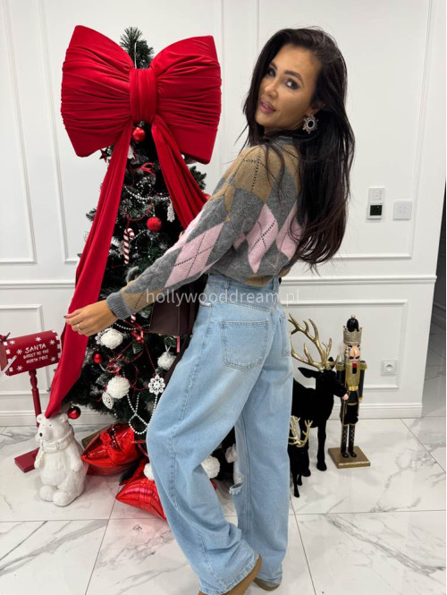 Szaro-różowo-beżowy sweter w małe romby Tay 06 - photo #3