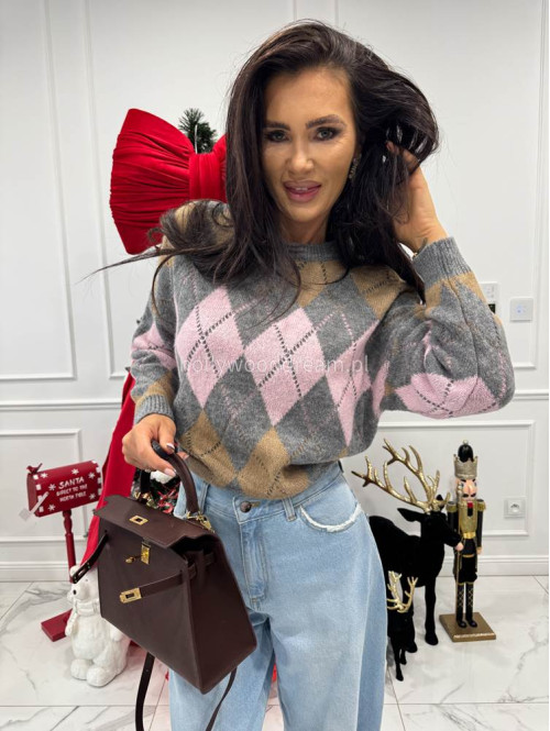 Szaro-różowo-beżowy sweter w małe romby Tay 06 - photo #4