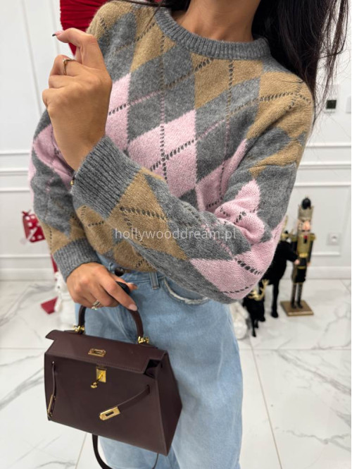 Szaro-różowo-beżowy sweter w małe romby Tay 06 - photo #5