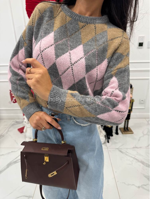 Szaro-różowo-beżowy sweter w małe romby Tay 06 - photo #6