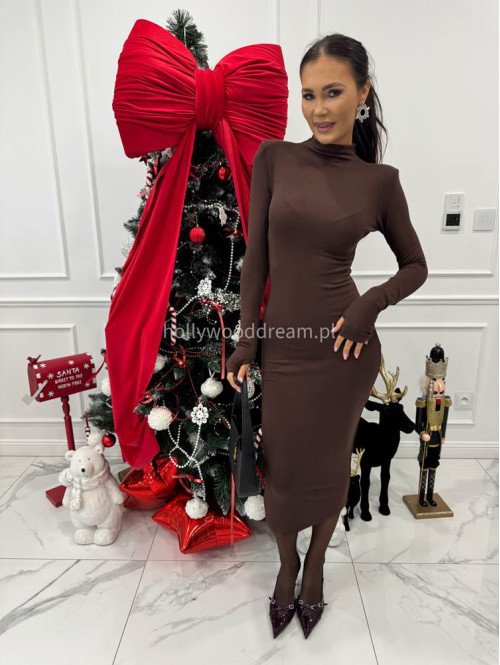 Brązowa sukienka midi dopasowana z półgolfem RIMA 30 - photo #1