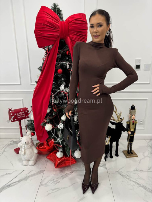 Brązowa sukienka midi dopasowana z półgolfem RIMA 30 - photo #2