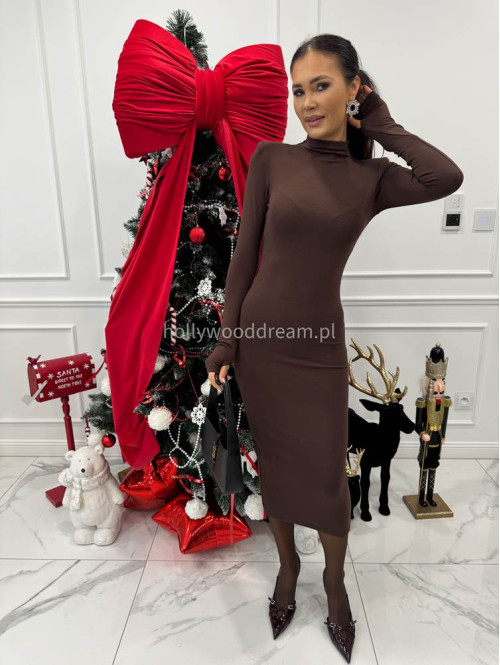 Brązowa sukienka midi dopasowana z półgolfem RIMA 30 - photo #3