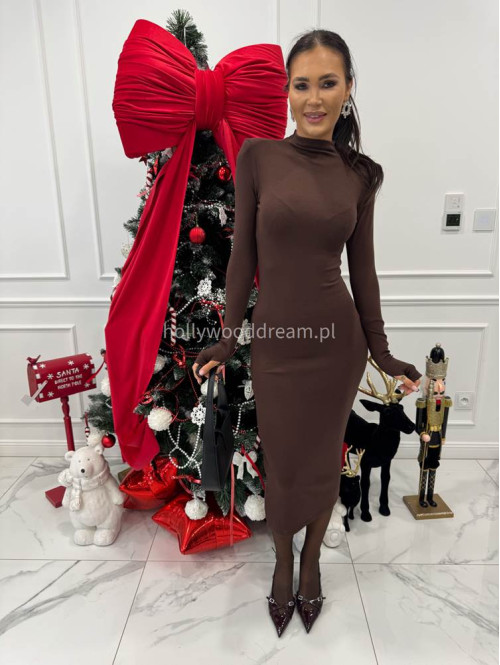 Brązowa sukienka midi dopasowana z półgolfem RIMA 30 - photo #5