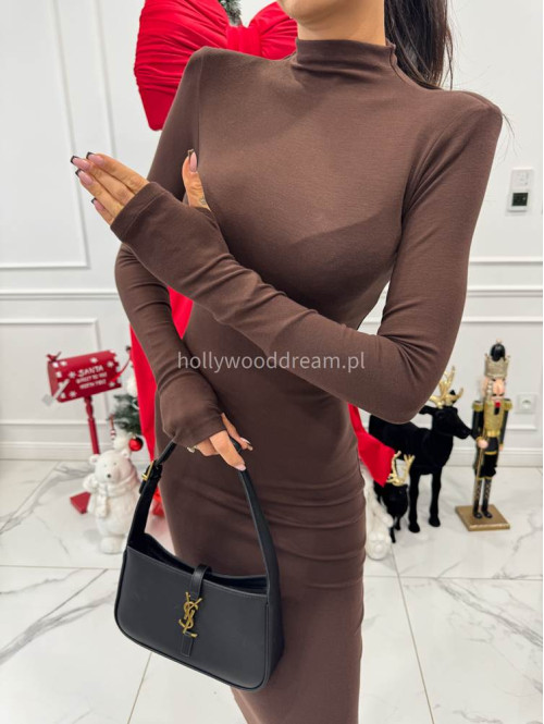 Brązowa sukienka midi dopasowana z półgolfem RIMA 30 - photo #6