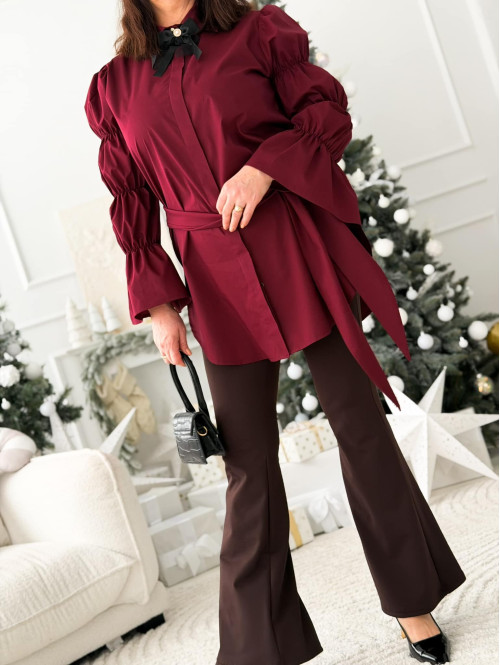 Bordowa elegancka długa koszula z broszką Irmina 173 - photo #16