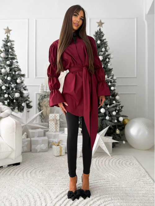 Bordowa elegancka długa koszula z broszką Irmina 173 - photo #12