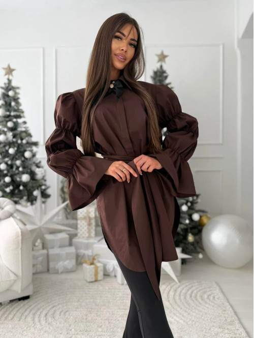 Brązowa elegancka długa koszula z broszką Irmina 173 - photo #14