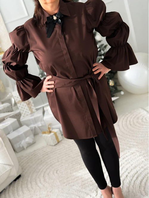 Brązowa elegancka długa koszula z broszką Irmina 173 - photo #16
