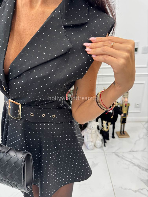 Czarna sukienka mini rozkloszowana w srebrne cyrkonie z paskiem i złotymi guzikami AGNES 17 - photo #2
