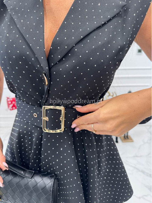 Czarna sukienka mini rozkloszowana w srebrne cyrkonie z paskiem i złotymi guzikami AGNES 17 - photo #3