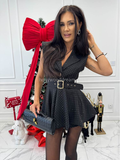 Czarna sukienka mini rozkloszowana w srebrne cyrkonie z paskiem i złotymi guzikami AGNES 17 - photo #7