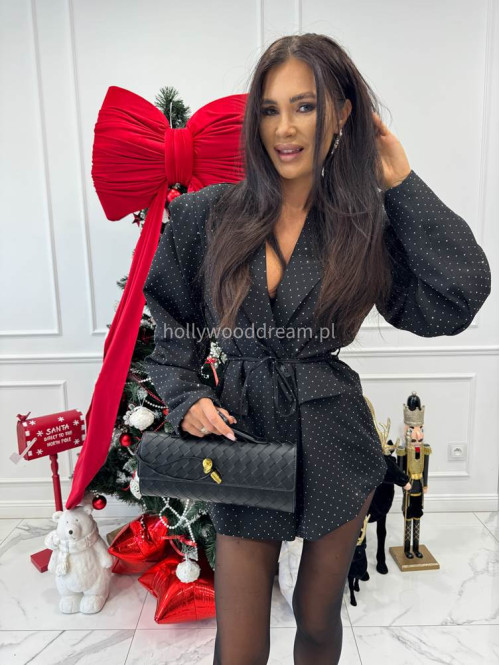 Czarna marynarka z guzikiem i wiązaniem w tali zdobiona srebrnymi cyrkoniami MIA 19 - photo #5