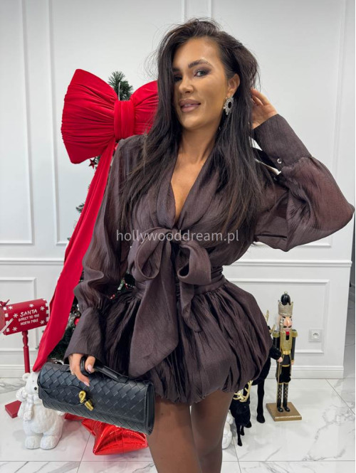 Brązowa sukienka szyfonowa mini bombka Samira 09 - photo #3