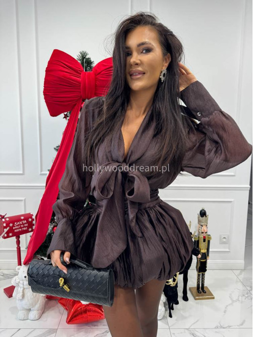 Brązowa sukienka szyfonowa mini bombka Samira 09 - photo #5