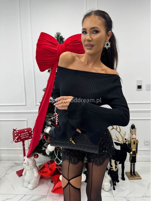 Czarna bluzka prążkowana z falbanami przy rękawach BELLA 09 - photo #4